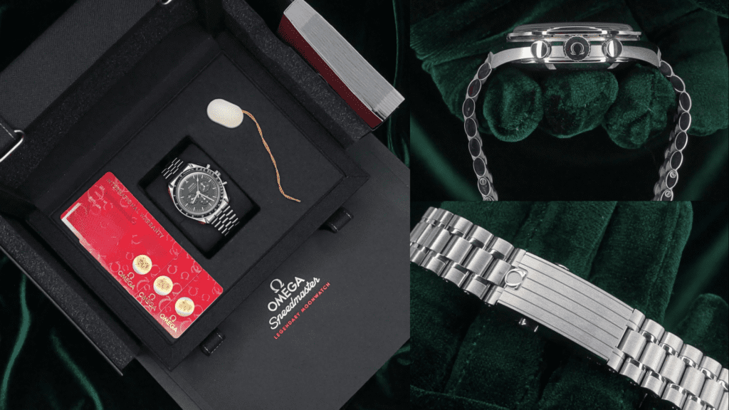 Omega Speedmaster Moonwatch Professional in presentation box with bracelet and case detail close-ups.