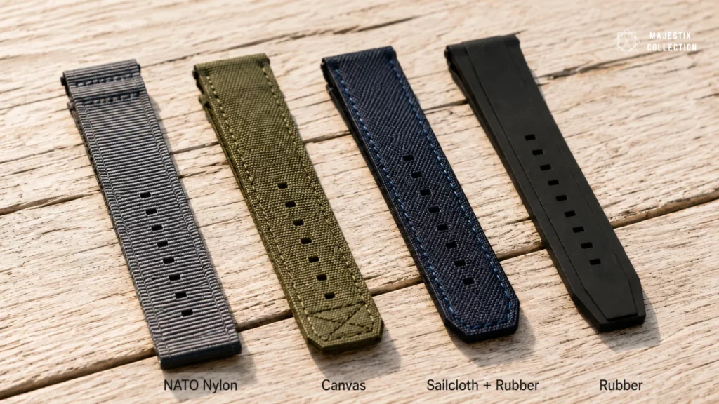 Four watch strap types side by side — sailcloth, NATO nylon, rubber, and canvas — showing texture and material differences