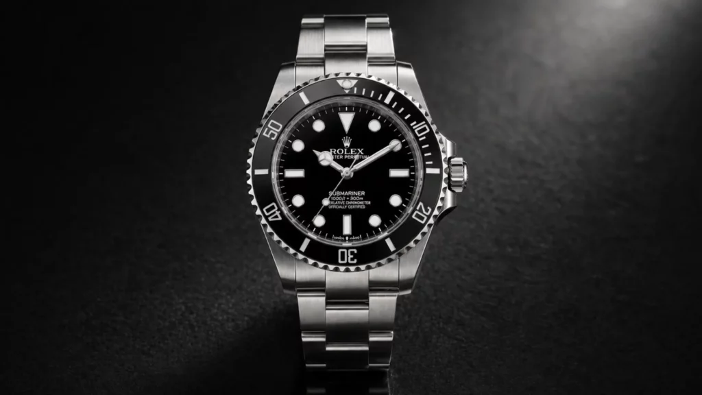 Rolex Submariner 124060 no-date with black dial and ceramic bezel on Oyster bracelet against black background