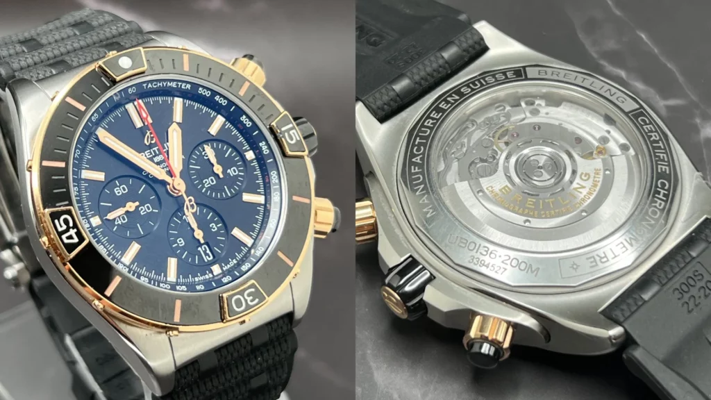 Two-tone Breitling Super Chronomat 44 dial and movement caseback close-up