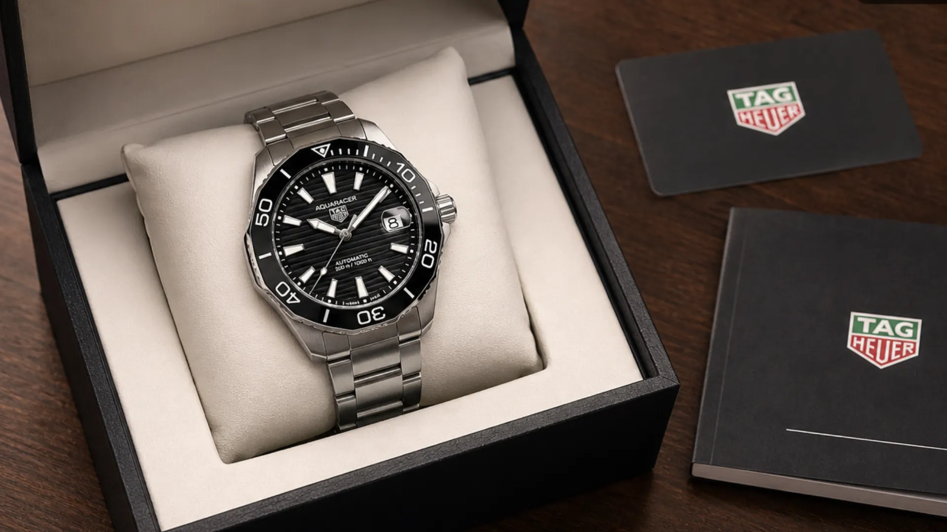 TAG Heuer Aquaracer black dial watch in box with warranty card and booklet