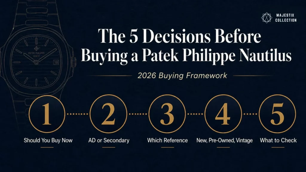 Five-decision buying framework infographic for Patek Philippe Nautilus 2026 guide