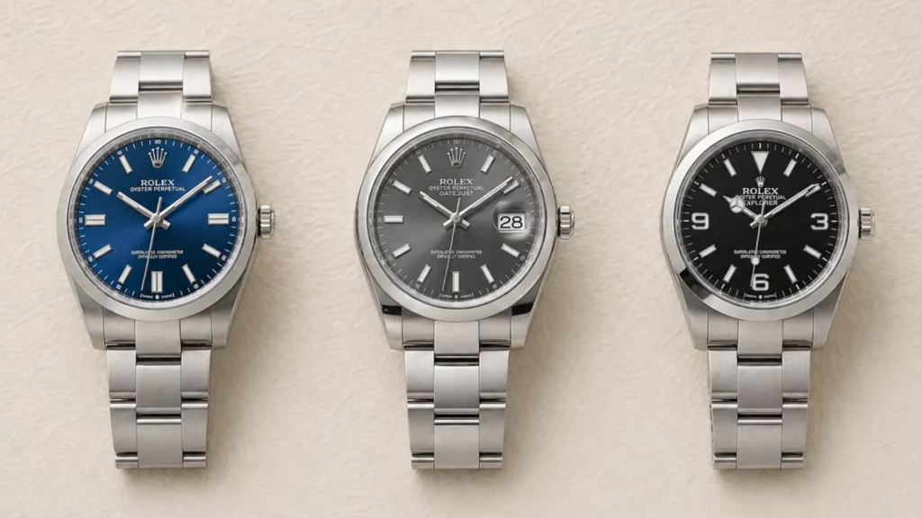 Three entry-level Rolex models side by side: Oyster Perpetual blue, Datejust grey, and Explorer black dial