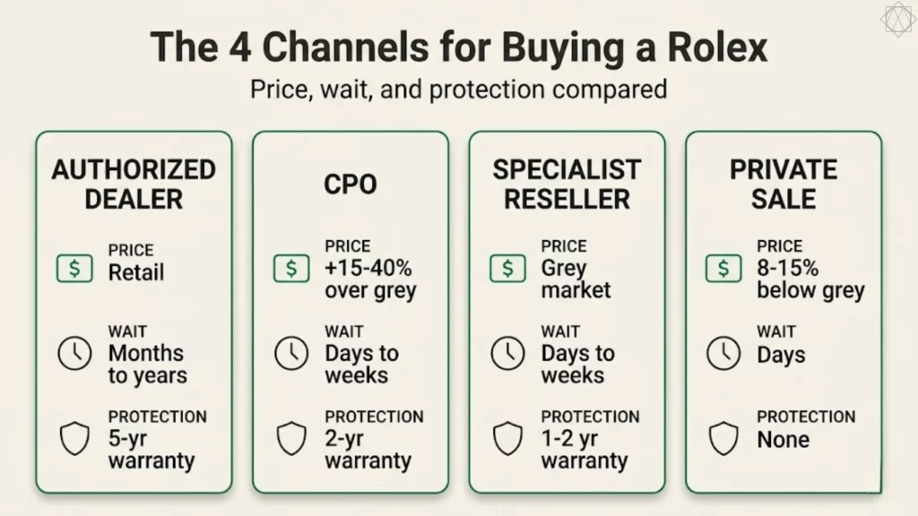 Four Rolex buying channels comparison: Authorized Dealer, CPO, Specialist Reseller, and Private Sale with prices and warranties