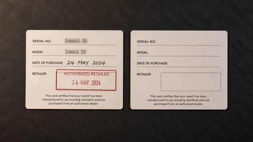 Grey market watch warranty card stamped vs blank comparison authorized dealer documentation.