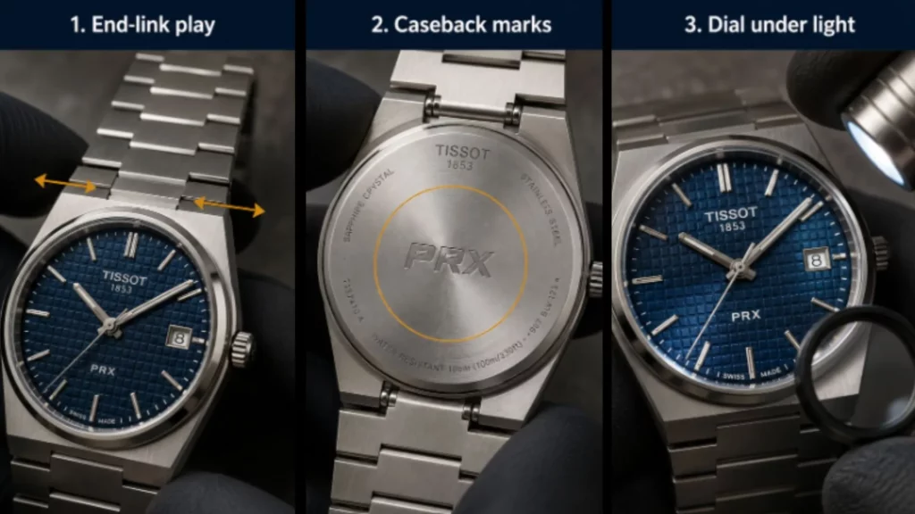 Tissot PRX pre-owned inspection guide showing bracelet end-link, caseback, and dial condition check points