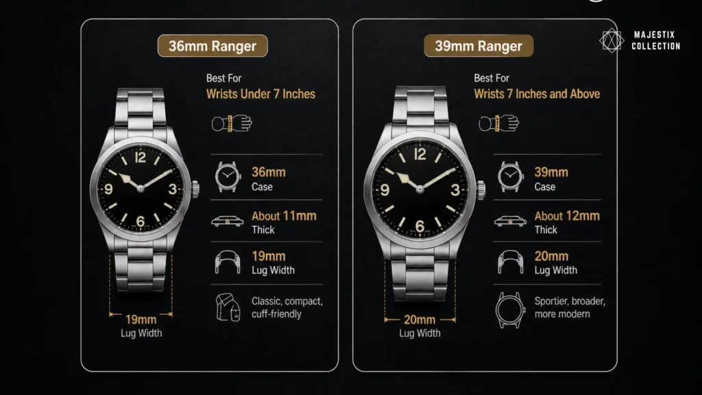 Tudor Ranger 36mm and 39mm wrist size comparison guide