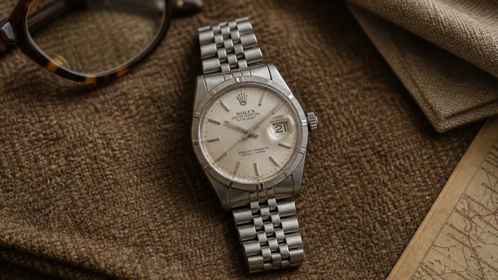 Vintage Rolex Datejust 1603 with silver dial and engine-turned bezel on Jubilee bracelet on tweed