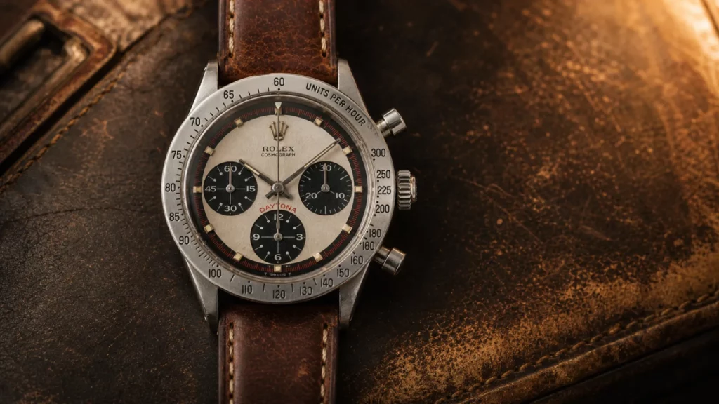 Vintage Rolex Daytona Cosmograph with Paul Newman dial and red Daytona text on aged leather