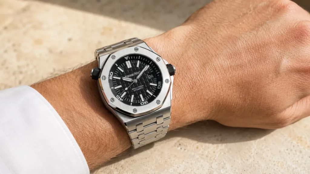 Audemars Piguet Royal Oak Offshore on wrist showing oversized case, octagonal bezel, rubber pushers, and integrated bracelet