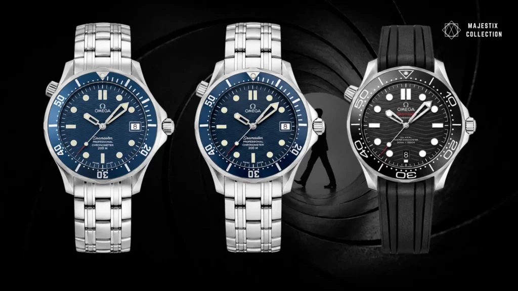 Three Omega Seamaster watches, including Bond-inspired models, on a dark background