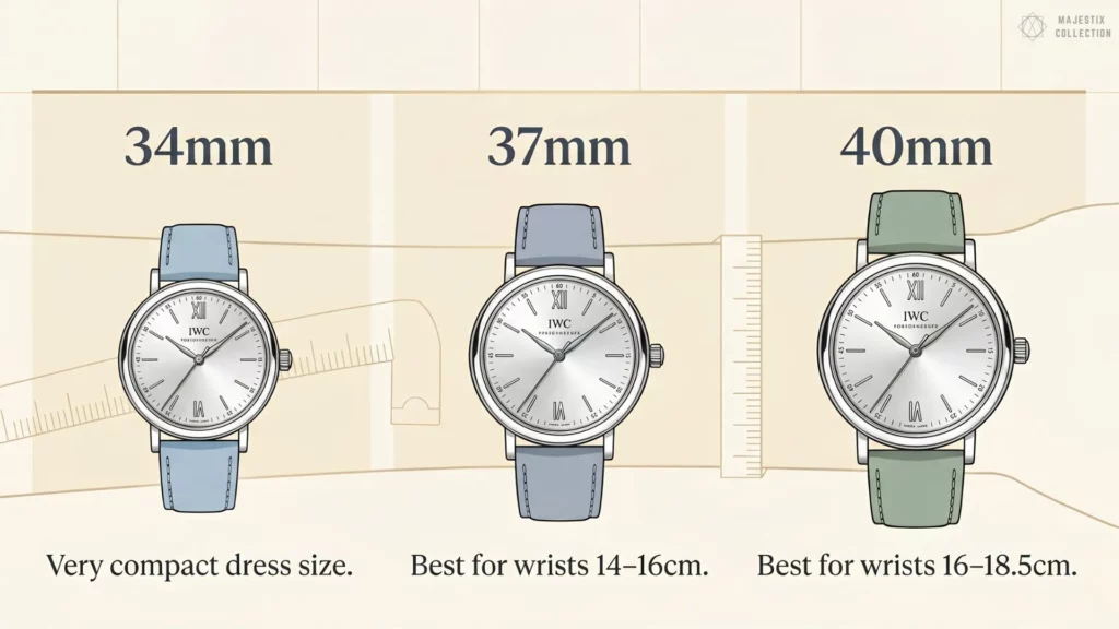 IWC Portofino size guide comparing 34mm, 37mm, and 40mm dress watches
