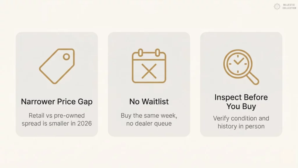 Three benefits of buying pre-owned Rolex: narrower price gap, no waitlist, and inspect before you buy