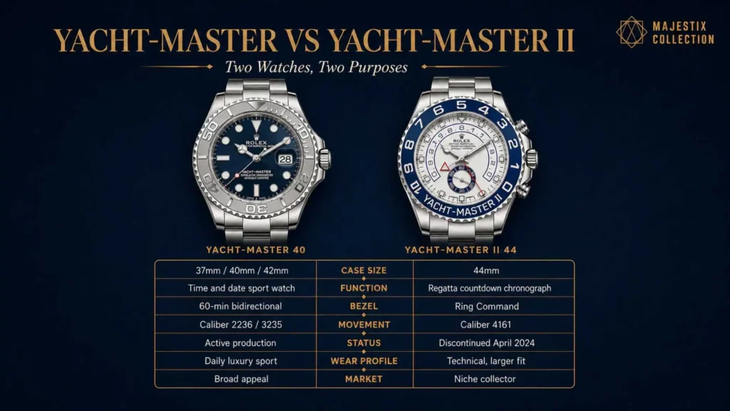 Yacht-Master vs Yacht-Master II side-by-side comparison of specs and roles
