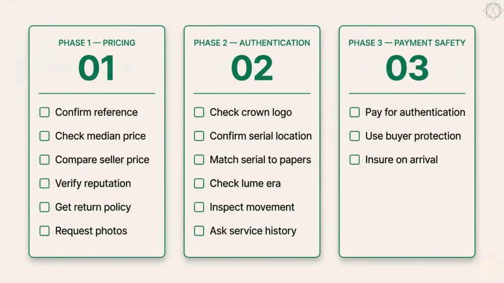 Three-phase Rolex pre-purchase checklist covering pricing, authentication, and payment safety steps