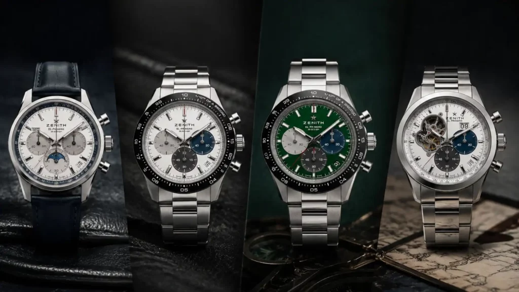 Zenith Chronomaster Sport buying guide featuring four luxury chronograph watches with white, green, and open-heart dials in a premium editorial layout.