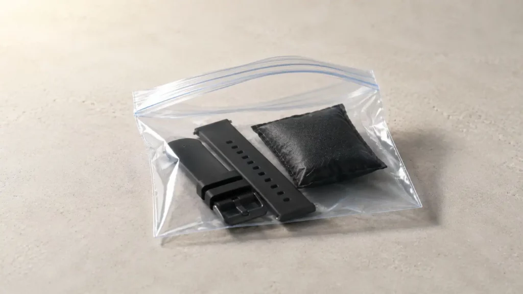  silicone watch strap sealed in zip-lock bag with activated charcoal sachet to remove manufacturing smell