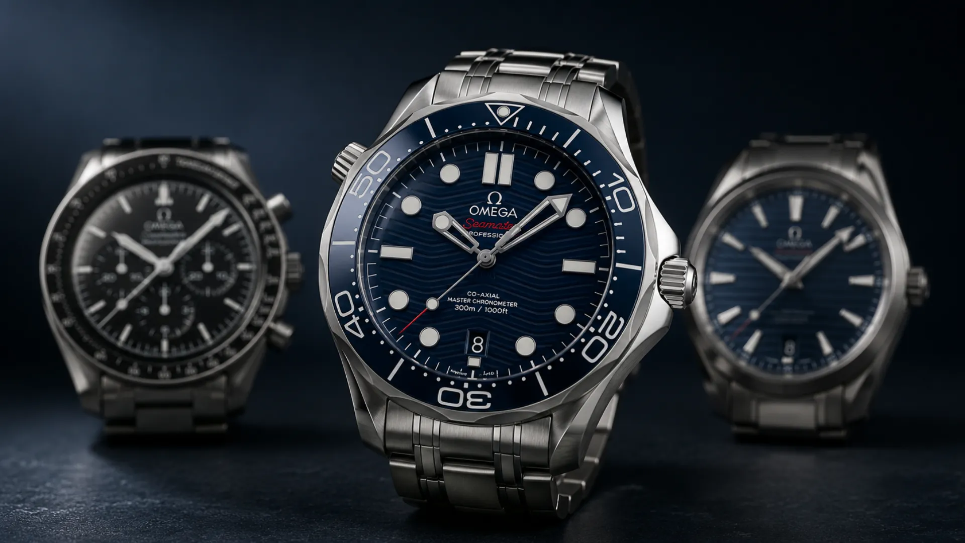 Omega Seamaster Diver 300M with two blurred Omega watches in the background