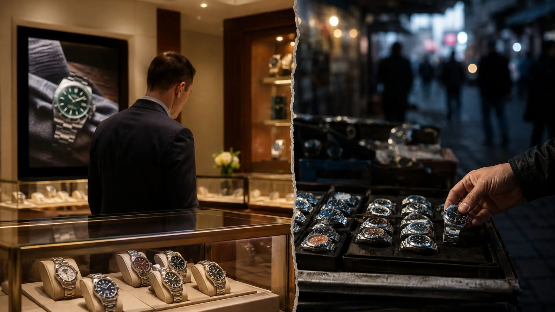Luxury watch buying comparison between authorized dealer boutique and grey market seller in a cinematic split scene