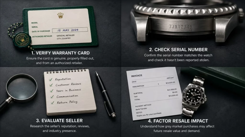 Grey market watch buyer verification checklist warranty serial number seller reputation resale value