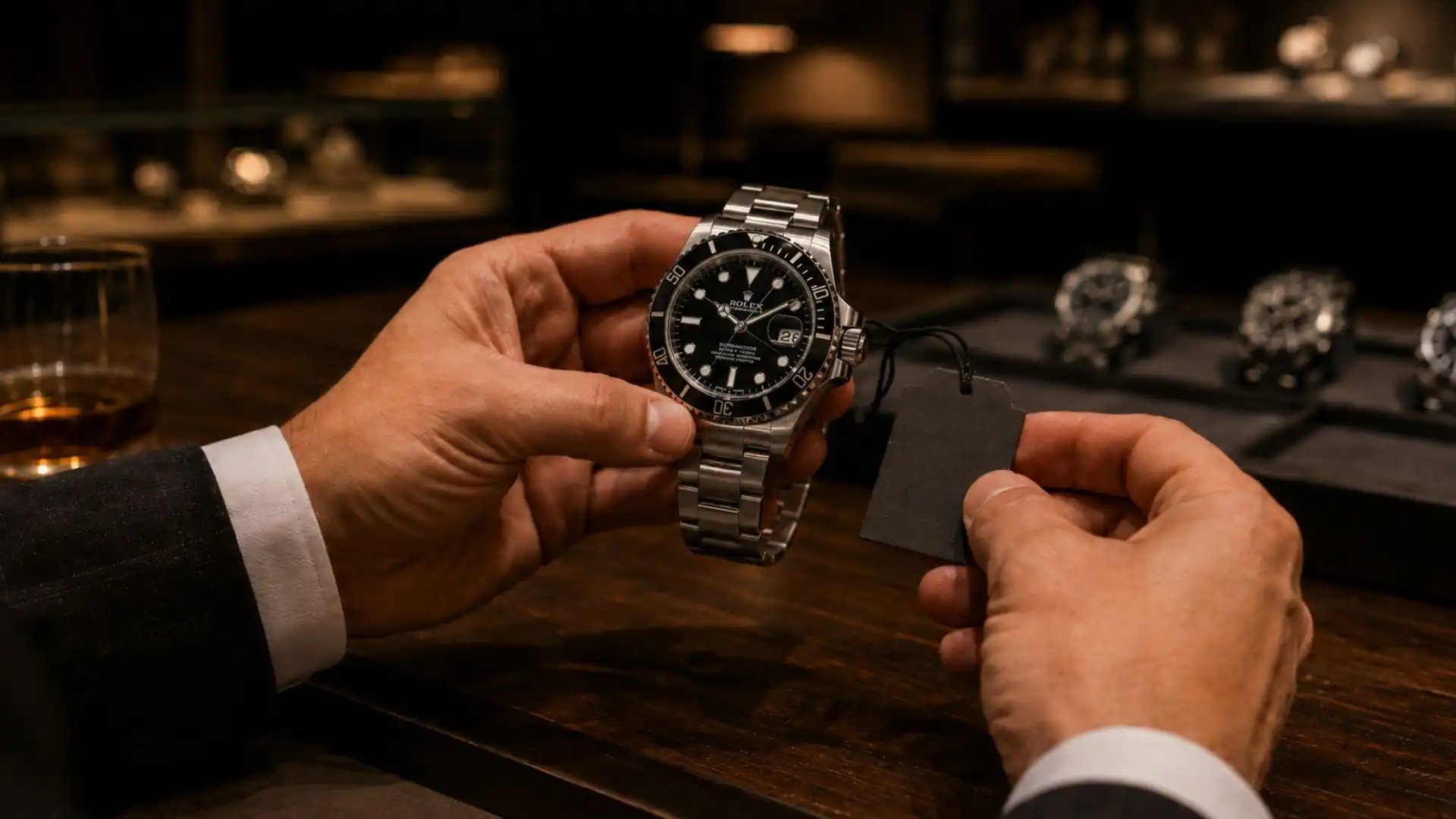 buyer examining luxury watch price tag at grey market watch dealer