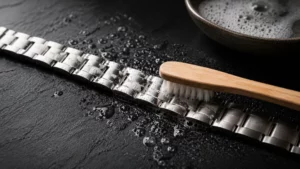 Cleaning a stainless steel watch bracelet with a soft brush to remove smell from link gaps