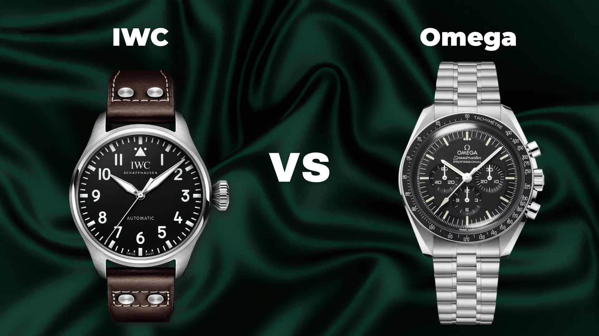 IWC Portugieser and Omega Seamaster side by side comparison on green luxurious background