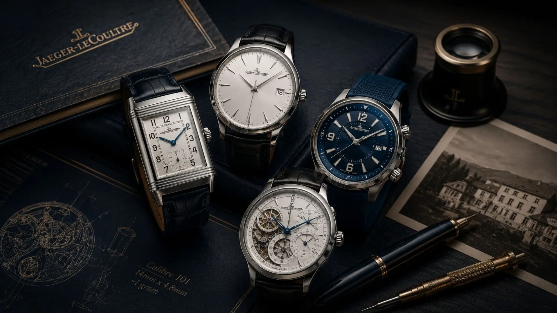 Luxury Jaeger-LeCoultre watches arranged in a cinematic collector-style flat lay with elegant Swiss watchmaking details and premium dark blue tones