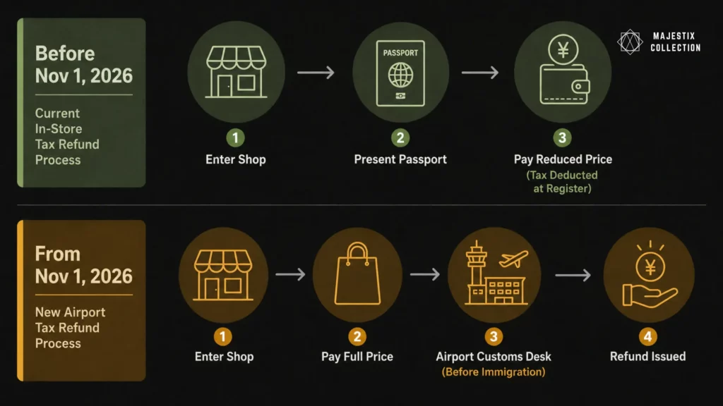 Japan tourist tax refund process change November 2026 — in-store vs airport customs claim diagram
