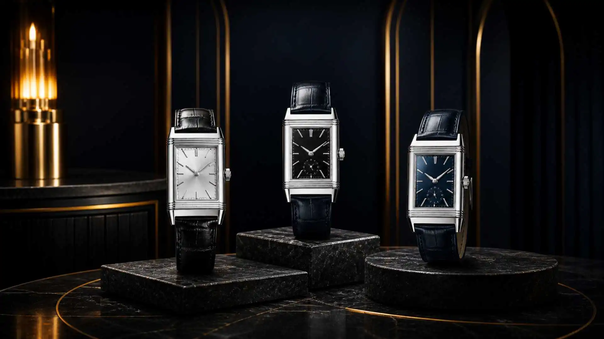 Three complete JLC Reverso-style watches displayed in a luxury Art Deco setting