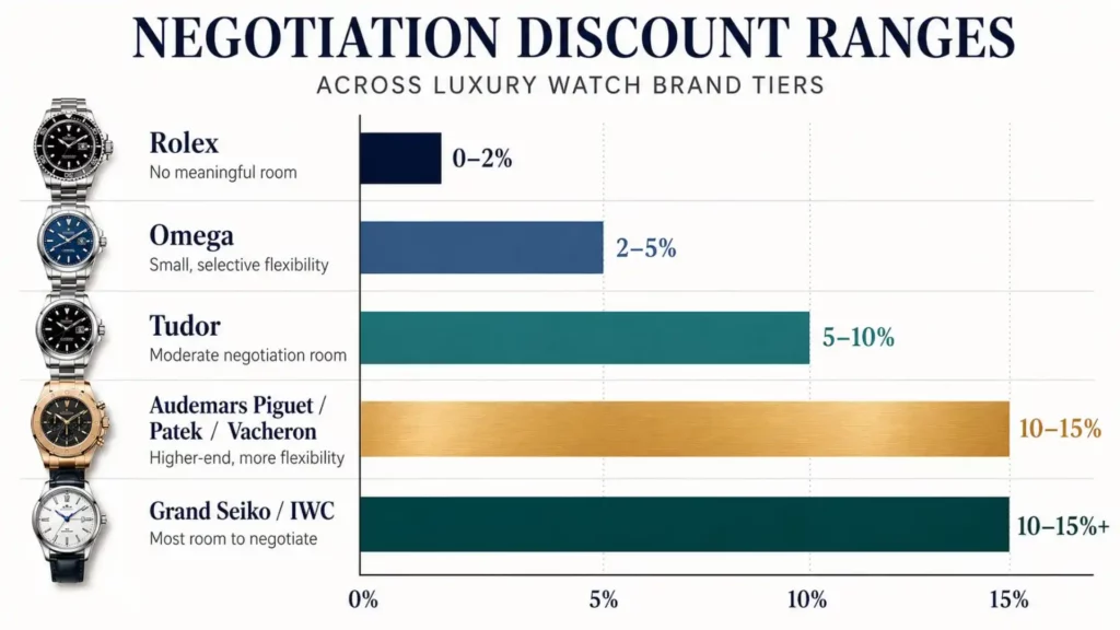 luxury watch brand negotiation discount range chart showing Rolex Omega Tudor Patek Grand Seiko