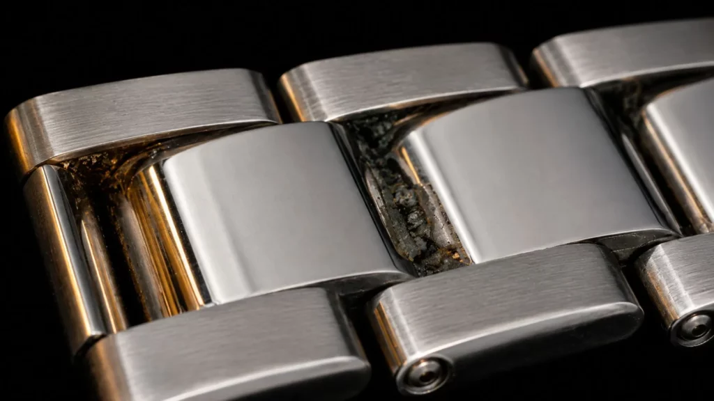  Close-up of residue and buildup trapped inside stainless steel watch bracelet link gaps causing odor