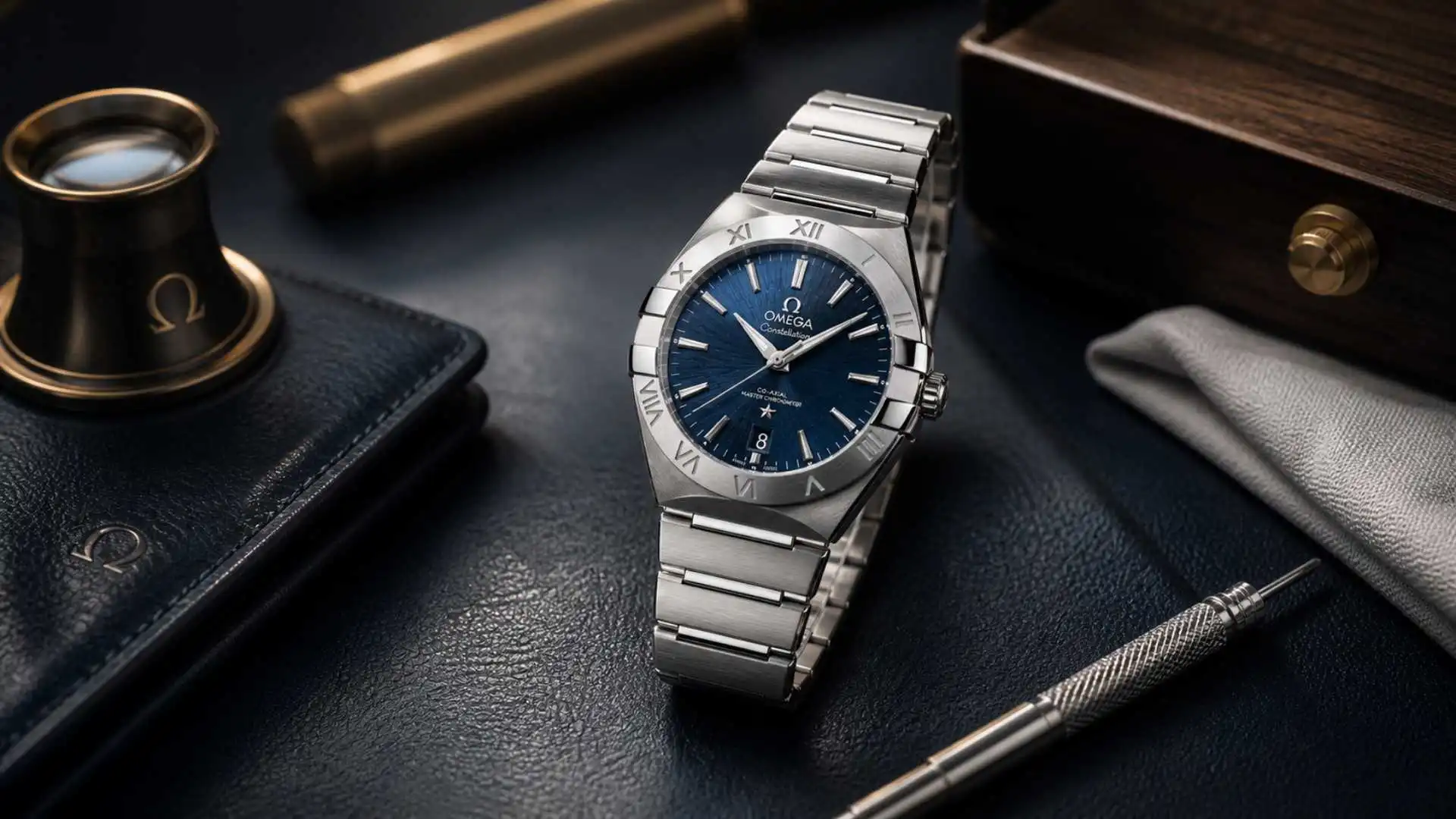 Omega Constellation luxury watch with blue dial on dark textured surface with watchmaking tools