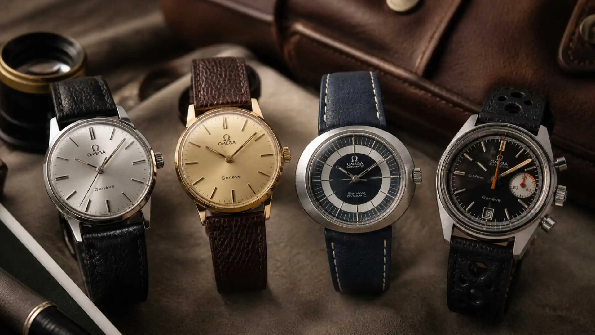 Vintage Omega Genève watches compared in an elegant collector buying guide scene