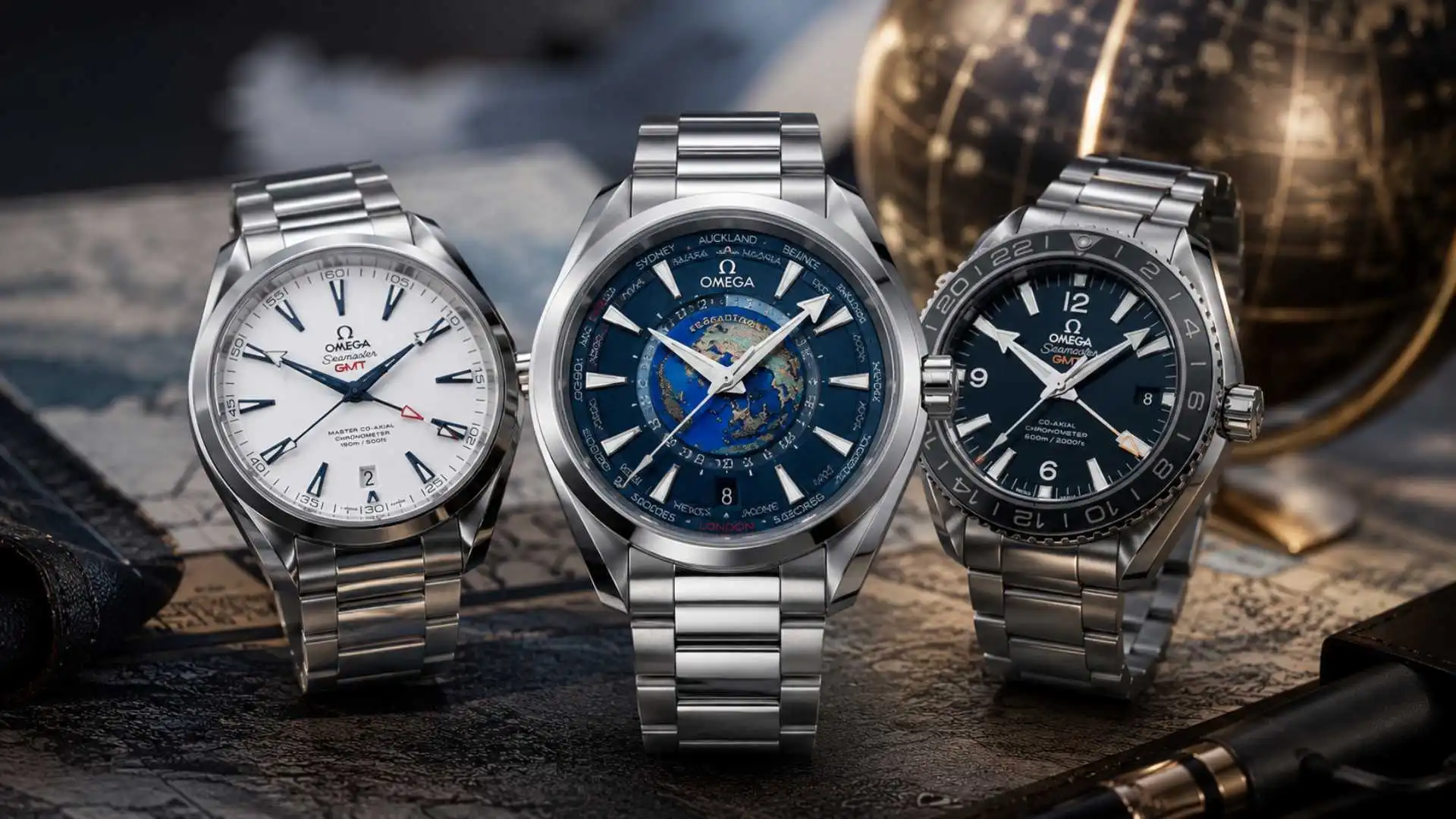 Three Omega GMT watches displayed on a luxury travel-themed desk