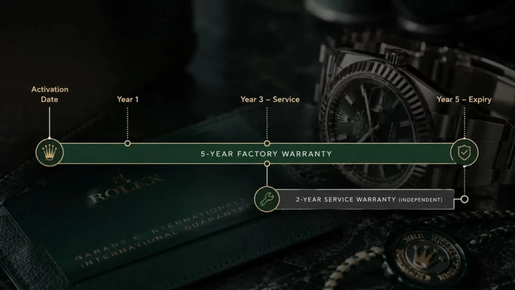 (Alt Text:  Rolex 5-year warranty timeline showing activation date, service warranty, and expiry date)
