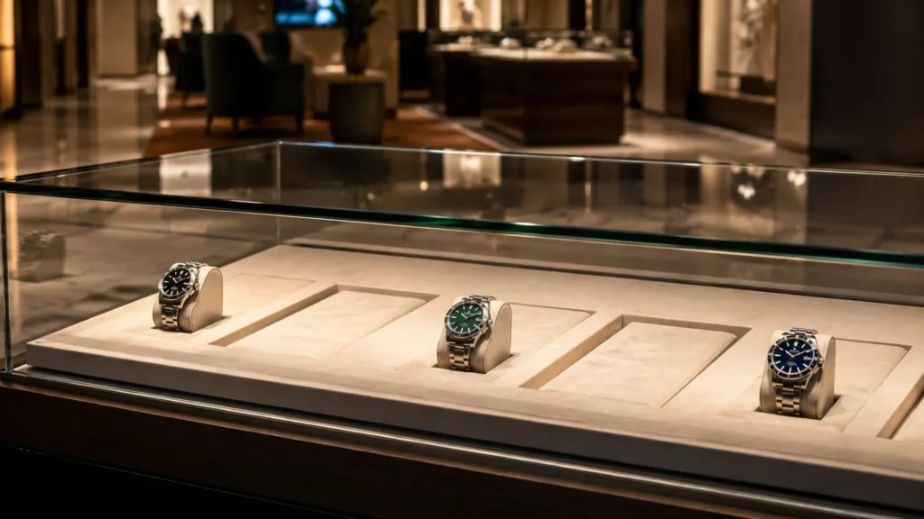 Rolex authorized dealer display case with limited inventory allocation system