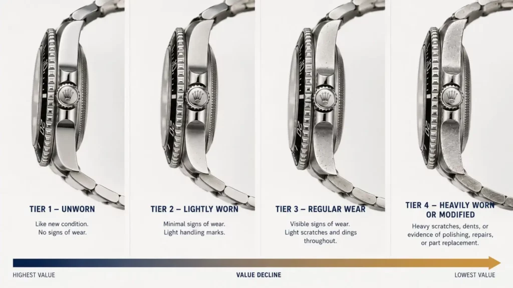 four Rolex condition tiers from unworn to heavily worn showing resale value impact on Submariner