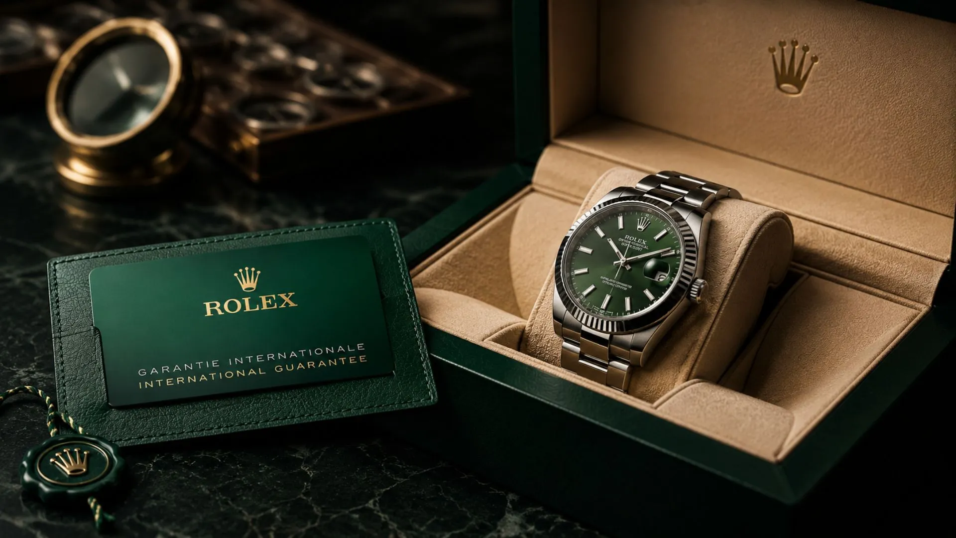 Rolex Submariner with warranty card and original box on dark surface — how long is a Rolex warranty