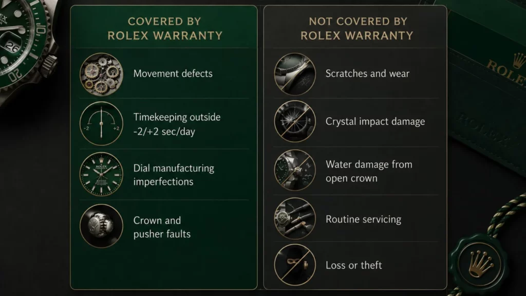 Rolex warranty covered vs excluded comparison chart — manufacturing defects covered, wear and damage not covered
