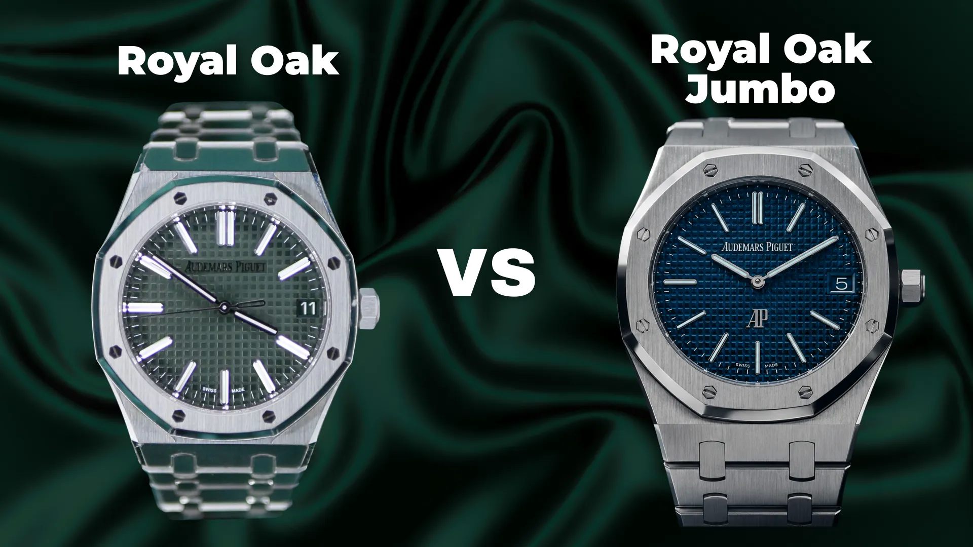Royal Oak vs Royal Oak Jumbo comparison with two AP watches on dark green background