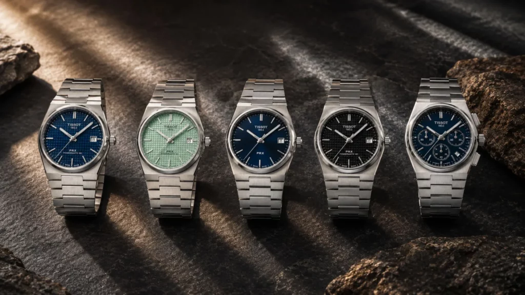 Five Tissot PRX watches lined up on a dark stone surface with dramatic studio lighting, showcasing different dial colors and integrated steel bracelets.