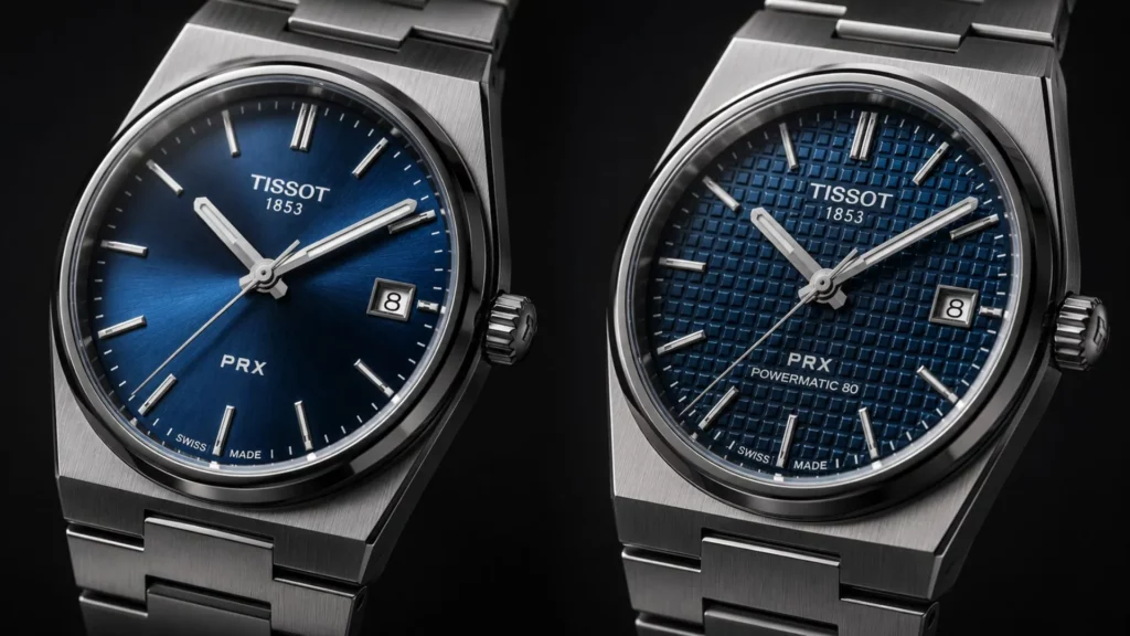 tissot-prx-quartz-sunray-dial-vs-powermatic-80-waffle-dial-comparison