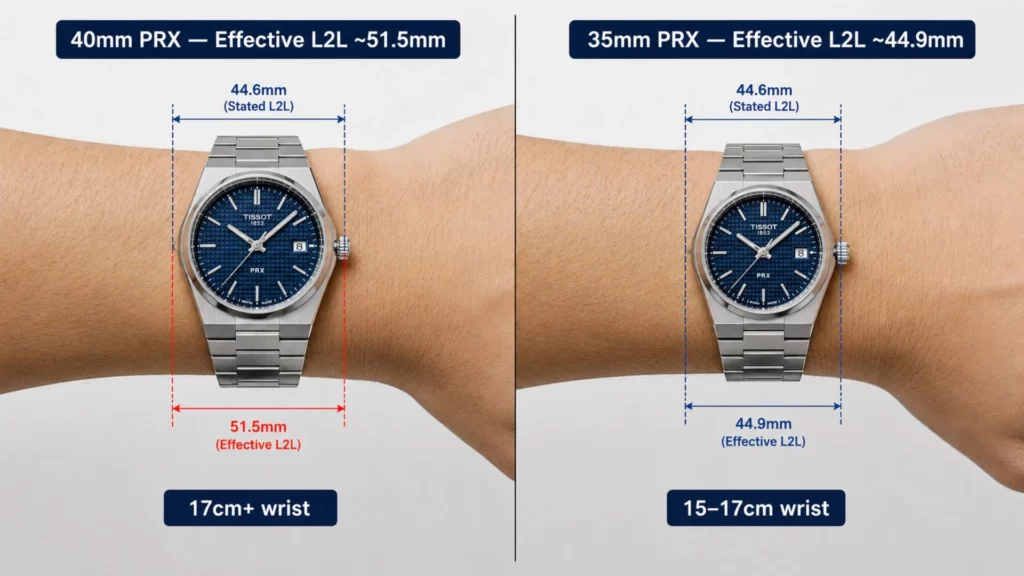 Tissot PRX 40mm vs 35mm lug-to-lug wrist fit comparison diagram showing effective wearing length