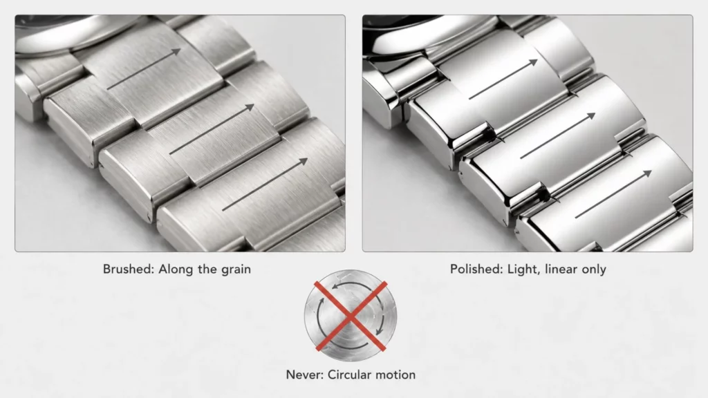  Diagram showing correct brushing direction on brushed vs polished stainless steel watch bracelet finish