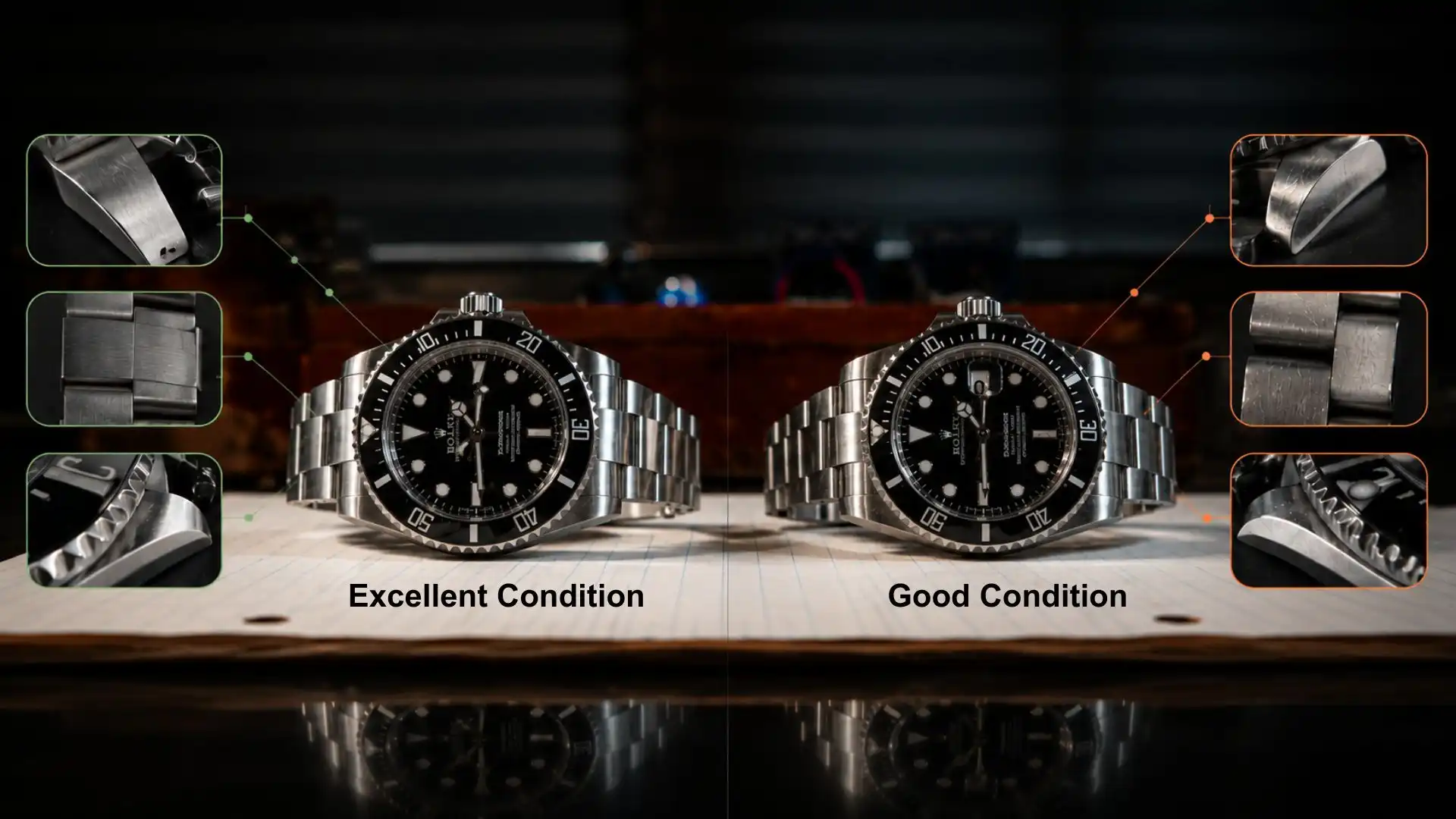 Rolex Submariner 126610LN condition grading comparison showing sharp unpolished lugs versus worn polished case edges in a luxury macro studio setup.