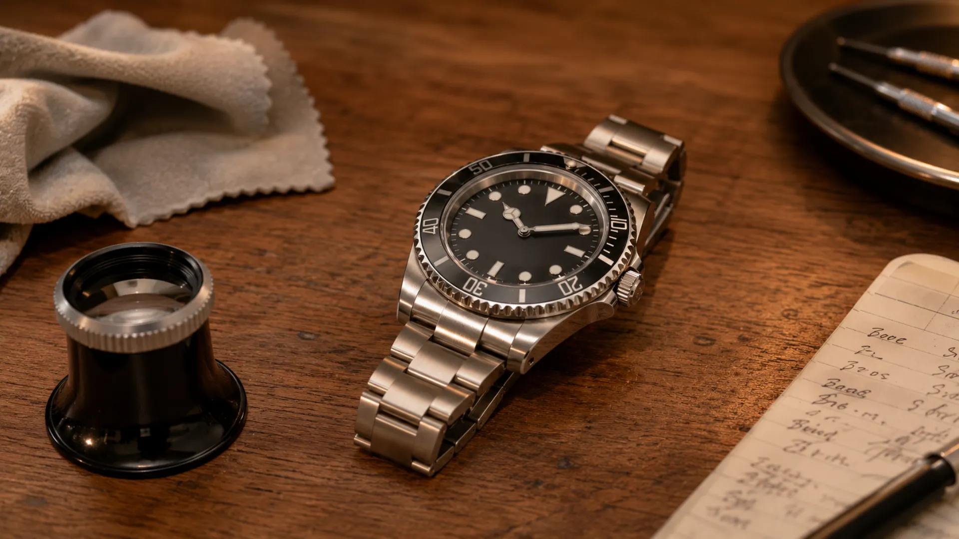 what to look for when buying a watch — dealer inspecting pre-owned timepiece on workbench
