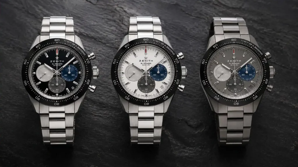 Zenith Chronomaster Sport variants side by side — steel black dial, white dial, and titanium references compared