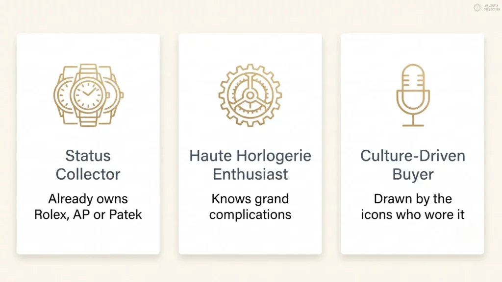 Infographic showing three Jacob & Co. buyer profiles: Status Collector, Haute Horlogerie Enthusiast, and Culture-Driven Buyer
