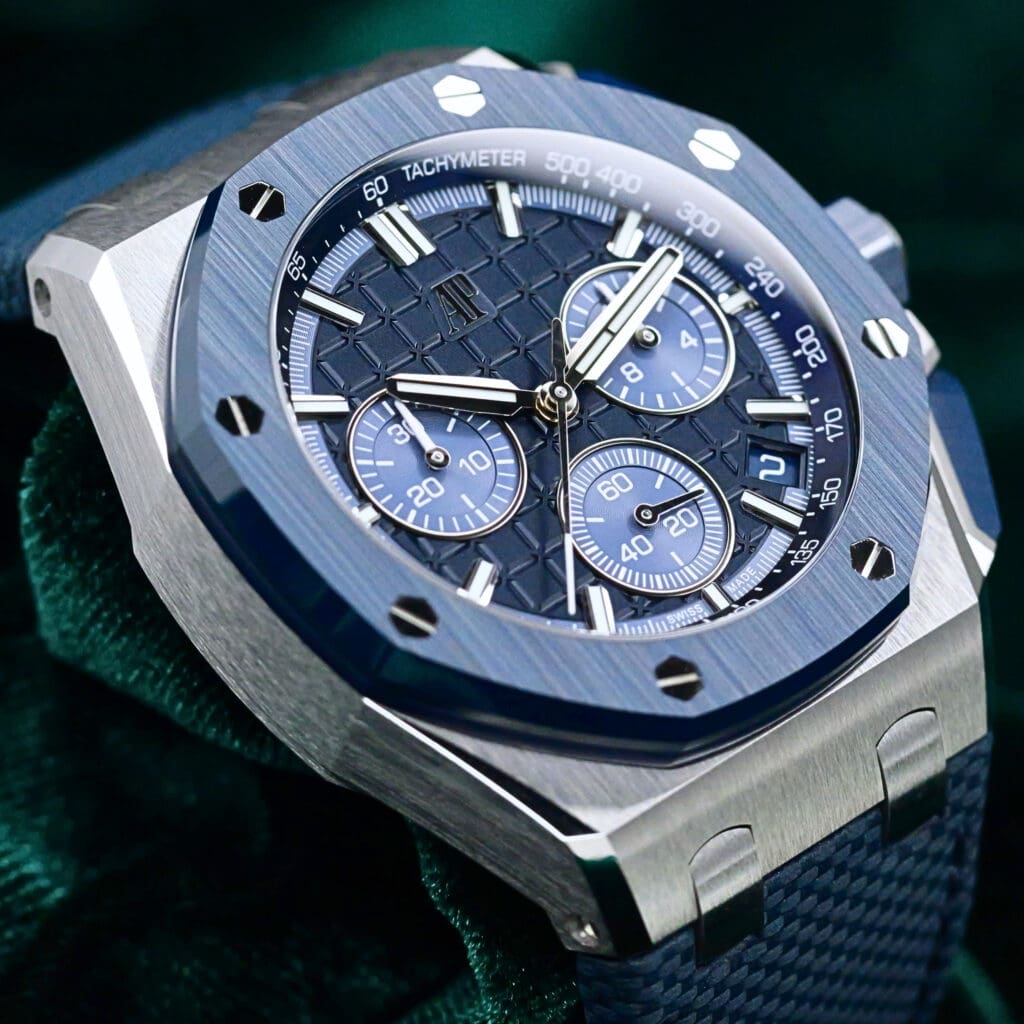 2025 Audemars Piguet Royal Oak Offshore Selfwinding Chronograph "Bleu Nuit, Nuage 50" Blue Dial Blue Ceramic Bezel Blue Textured Leather Strap Stainless Steel 43mm MINT CONDITION COMPLETE SET 26420SO.OO.A029VE.01